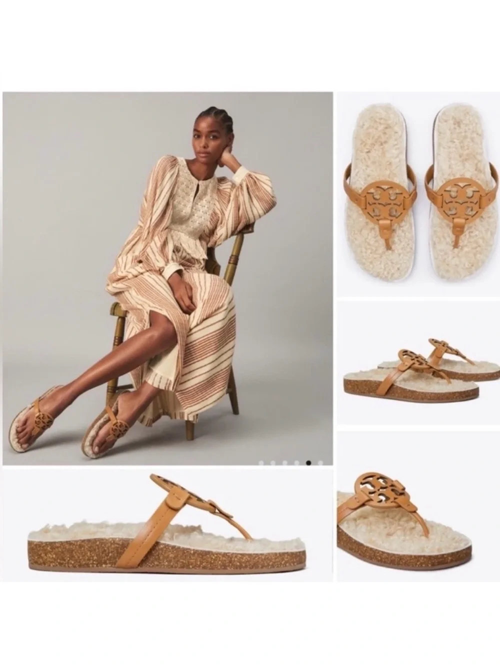Tory Burch Miller Cloud Camel Leather Logo Shearling Thong Sandals size 7